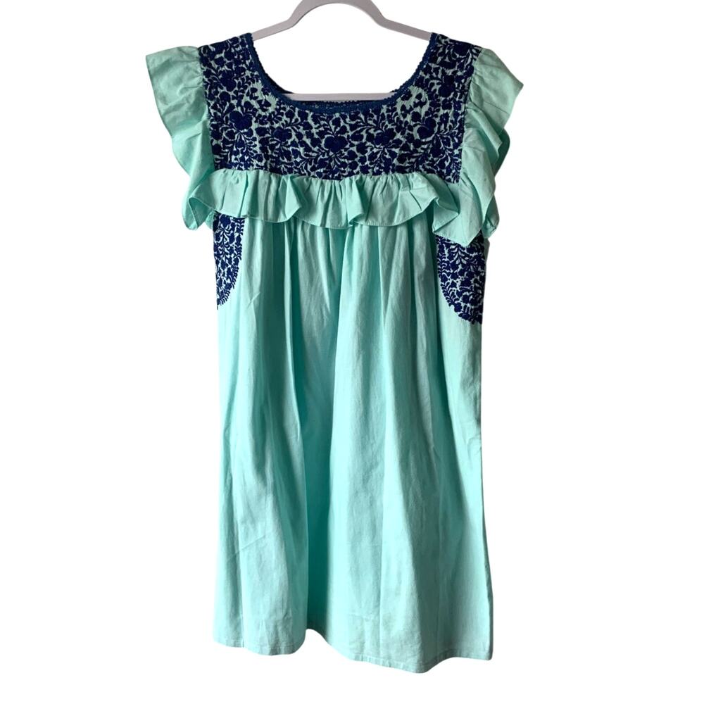Mi Golondrina Soledad Mini Dress in Mint / Navy, size M